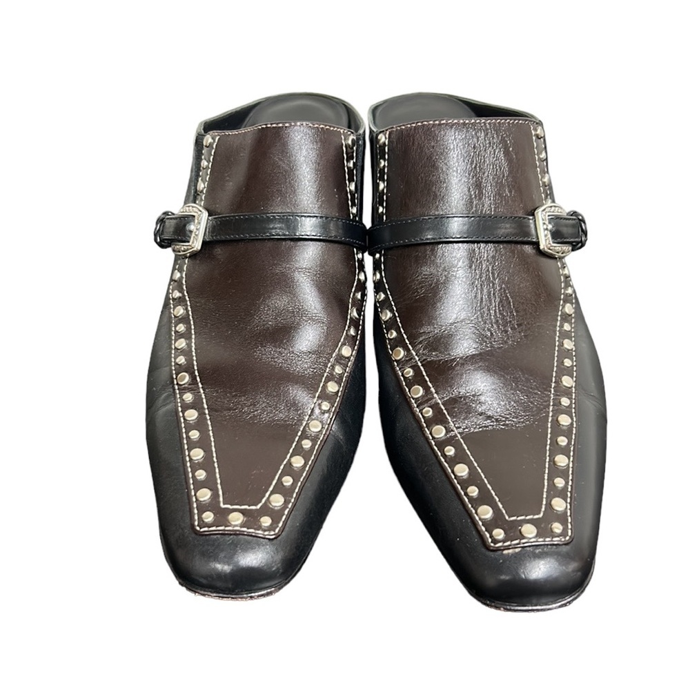 Brighton‎ Shoes Tempe Mules Buckle Studded Black/Chocolate Leather Heeled 8M